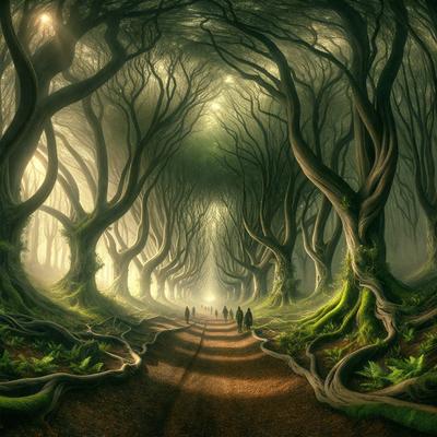 The primary subject of the image is a group of people walking down a path in a forest. The setting is a lush green forest with trees and a dirt path. The visual style is a digital art illustration, creating a vibrant and detailed scene. The colors and mood are predominantly green, with a sense of tranquility and natural beauty.